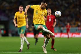 WORLD CUP APPEARANCE: Bailey Wright plays for Australia against Denmark in Qatar
