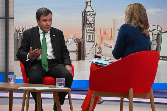 Tory party chairman Greg Hands appearing on the BBC 1 current affairs programme, Sunday With Laura Kuenssberg. Picture date: Sunday April 16, 2023.