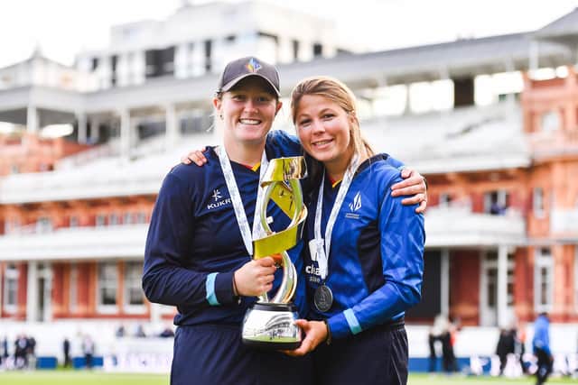 Finest hour: Captain of the Northern Diamonds, Hollie Armitage and Sterre Kalis with the Rachael Heyhoe Flint Trophy after victory against the Southern Vipers at Lord's in 2022 (Picture: Will Palmer/SWPix.com)
