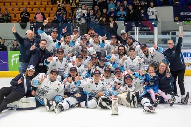 SWEET MEMORIES: Sheffield Steeldogs enjoy their NIHL National play-off triumph in 2022. Picture courtesy of Peter Best/Steeldogs Media