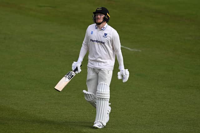 Tom Alsop can't quite believe it as he falls five short of a hundred against Yorkshire. Photo by Mike Hewitt/Getty Images.