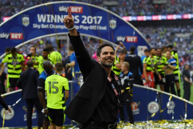LONDON, ENGLAND - MAY 29:  David Wagner, Manager of Huddersfield Town celebrates promotion to the Premier League after the Sky Bet Championship play off final between Huddersfield and Reading at Wembley Stadium on May 29, 2017 in London, England.  (Photo by Gareth Copley/Getty Images)