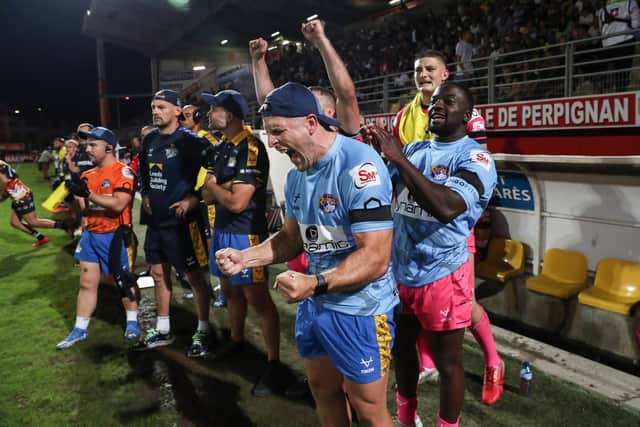 The Leeds Rhinos bench reacts to the win over Catalans Dragons. (Picture: Manuel Blondeau/SWpix.com)