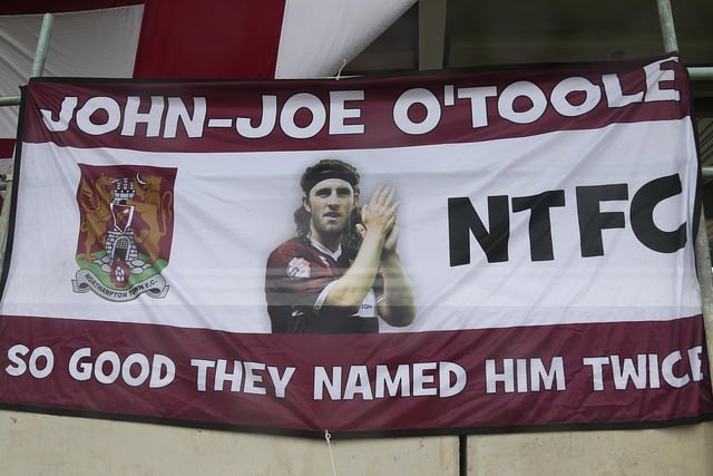 Banners depicting John-Joe O'Toole of Northampton Town are seen on the unfinished East Stand during the Sky Bet League Two match between Northampton Town and Stevenage at Sixfields Stadium on October 24, 2015