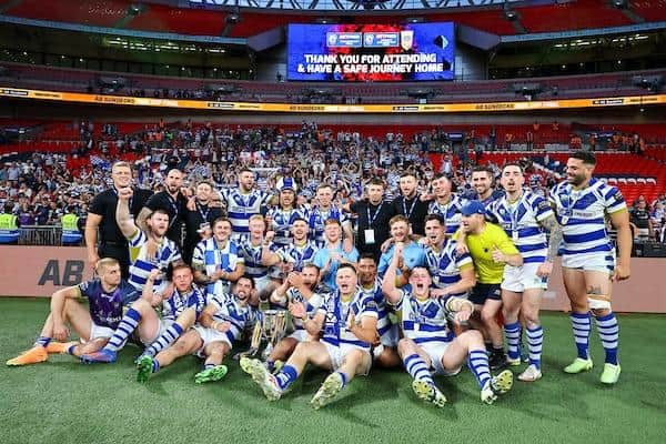 Halifax celebrate after marking their return to Wembley with victory over Batley in the 1895 Cup final. Picture by Will Palmer/SWpix.com.