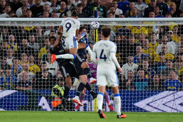ON A HIGH: Dominic Calvert-Lewin heads in Leeds United's second goal (Image: Annabel Lee-Ellis)