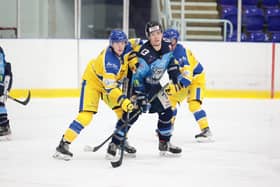 BIG PART: Thomas Barry (left) opened the scoring for Leeds Knights against former club Sheffield Steeldogs, but had to leave the ice in the third period with a nasty-looking hand injury. Picture courtesy of Peter Best/Steeldogs Media
