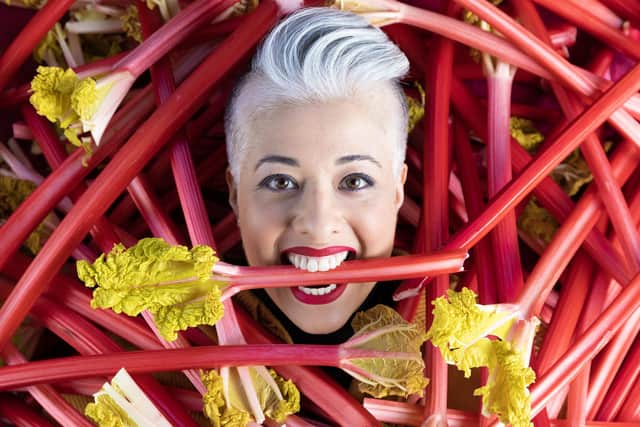 Handout photo taken by James Glossop from The Times of model and Wakefield resident Shabana Laher posing covered in rhubarb to promote the city's rhubarb festival, which has been shortlisted in the Portrait Photographer of the Year category at the UK Picture Editors Guild Awards 2023.James Glossop/The Times/PA Wire.