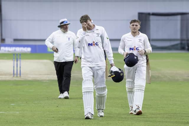 Picture by Allan McKenzie/SWpix.com. Yorkshire's Steven Patterson dejected after being dismissed as his side slip to an 18 run defeat to Gloucestershire ahead of their relegation being confirmed.