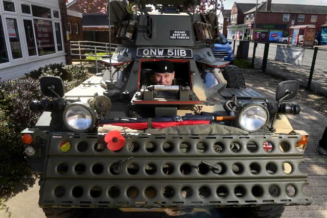 Veterans from the Royal Hussars (Yorkshire's Cavalry) are to head to Normandy and  Sword Beach to rededicate memorials ahead of this year's 80th anniversary of D-Day. June 6, 1944 Pictured at  Fitzwilliam Centre, Wakefield Road, Pontefract. Mike Coggan pictured in his Damalier Feret Scout Car.Picture taken by Yorkshire Post Photographer Simon Hulme