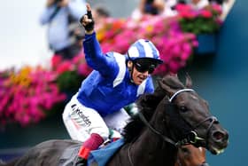 FIRST IN LINE: Mostahdaf and Frankie Dettori win the Juddmonte International Stakes on day one of the Sky Bet Ebor Festival at York Racecourse. Picture: Mike Egerton/PA