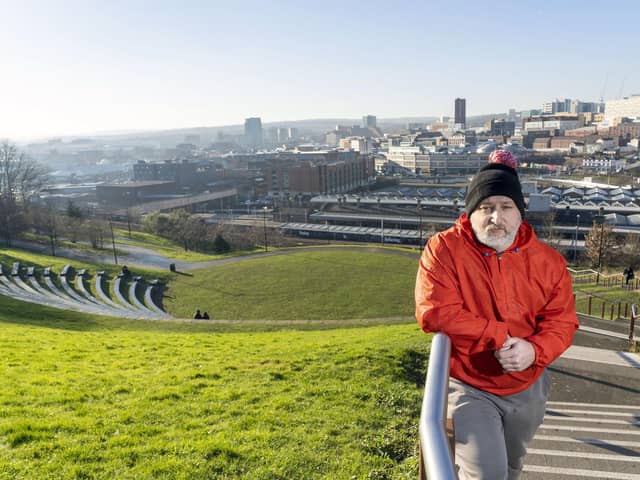 Former homeless man Chris Royston at the stteel steps behind Sheffield train station. Picture Scott Merrylees