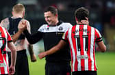 Sheffield United manager Paul Heckingbottom celebrates with goalscorer Reda Khadra after the Sky Bet Championship match at the Swansea.com Stadium, Swansea. Picture: David Davies/PA Wire.