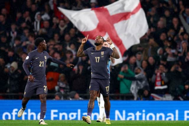 DEBUT GOAL: Ivan Toney of England celebrates his penalty against Belgium