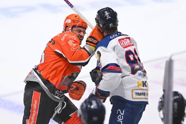 PUT EM UP: Marc-Olivier Vallerand has a few words with Dundee's Brendan Harms Picture: Dean Woolley/Steelers Media