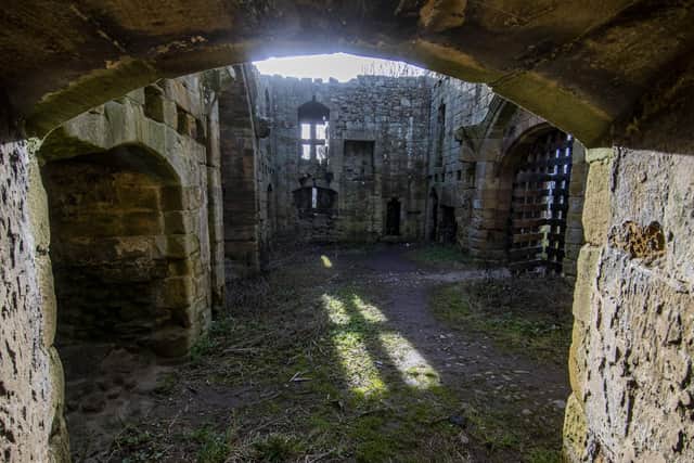 Whilst the wallss of Whorlton Castle, now a ruin from the 12th century, remain in part - the floors and roof do not. Some elements such as stairs and fireplaces can still be made out. Tony Johnson.