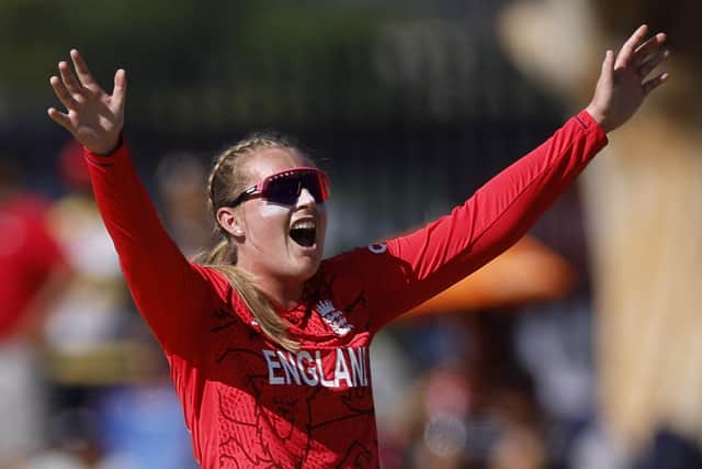 England's Sophie Ecclestone celebrates after the dismissal of West Indies' Zaida James (not seen) during the Group B T20 women's World Cup cricket match, just days before going in the WPL auction (Picture: MARCO LONGARI/AFP via Getty Images)