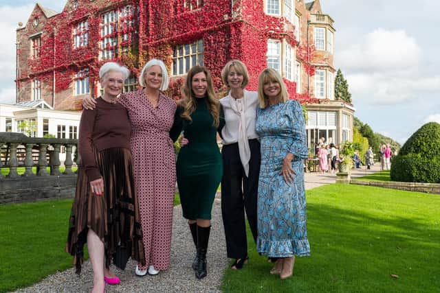 At Goldsborough Hall for the Midlife Magic event, Gaynor Faye, centre, Annie Stirk (in AllSaints slip dress and jumper), Rachel Peru (in Phase Eight jumpsuit), Bernadette Gledhill (in Reiss blouse and John Lewis & Partners trousers) and Christine Talbot (in Mint Velvet dress). Styling by Chris Hartley and all clothes current collection at John Lewis Leeds. Picture by Kate Mallender