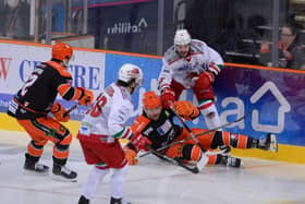 IN THE THICK OF IT: Scott Allen made a noticeable impact on his return to action in last week's Challenge Cup quarter-fional first leg win over Cardiff Devils. Picture courtesy of Dean Woolley