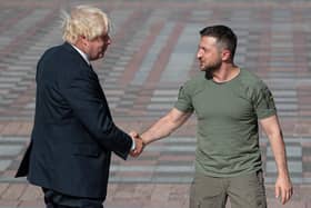 Ukrainian President Volodymyr Zelensky shakes hands with British Prime Minister Boris Johnson on August 24, 2022 in Kyiv, Ukraine. PIC: Alexey Furman/Getty Images
