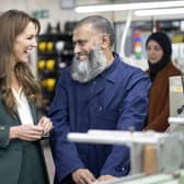 The Princess of Wales talks to Senior Weaver Trainer Zeb Akhtar during a visit to AW Hainsworth in Leeds, a family-owned heritage textile mill which was established in 1783.