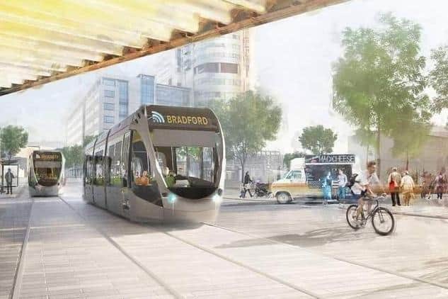 An artists impression of light rail trams trains network public transport system for the West Yorkshire mass transit scheme.