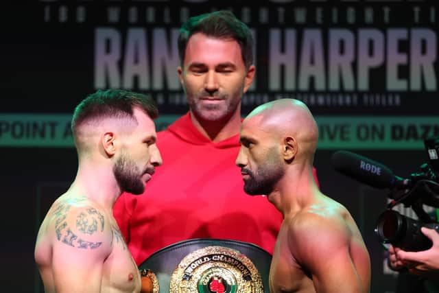Maxi Hughes and Kid Galahad weigh in ahead of their IBO World Lightweight title fight. Picture: Mark Robinson/Matchroom Boxing