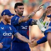 LOST TIME: Reece Topley (right) celebrates the dismissal of New Zealand’s Rachin Ravindra with his England team-mates at The Ageas Bowl, Southampton. Picture: John Walton/PA