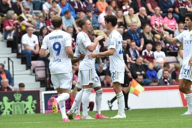 Luke Ayling is congratulated by team-mates after scoring against Hearts on Sunday (Picture: LUFC)