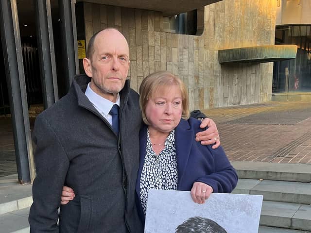 Stuart and Jill Atkinson holding a photo of their son James Atkinson in Newcastle. Photo credit: Tom Wilkinson/PA Wire