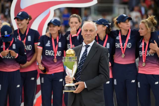 Colin Graves poses with the 2017 Women's World Cup trophy before presenting it to England's Heather Knight in his then capacity as chair of the ECB. Photo by Stu Forster/Getty Images.