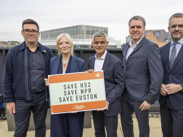 Labour mayors (left to right) Andy Burnham, Tracy Brabin, Sadiq Khan, Steve Rotheram and Oliver Coppard gather at Arcadis in Leeds, to make a unified plea to the Prime Minister not to scale back HS2 any further.