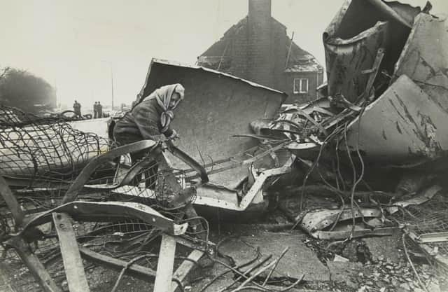 The wreckage of the Emley Moor mast in March 1969