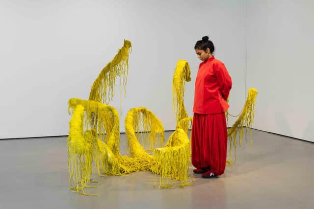 Artist Sagarika Sundaram with her work Glossolalia on display at the Henry Moore Institute, Leeds. Picture: Rob Harris