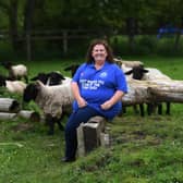 Sharon Shepherdson at East Leys Farm, Grindale, near Bridlington. Sharon with Suffolk sheep.