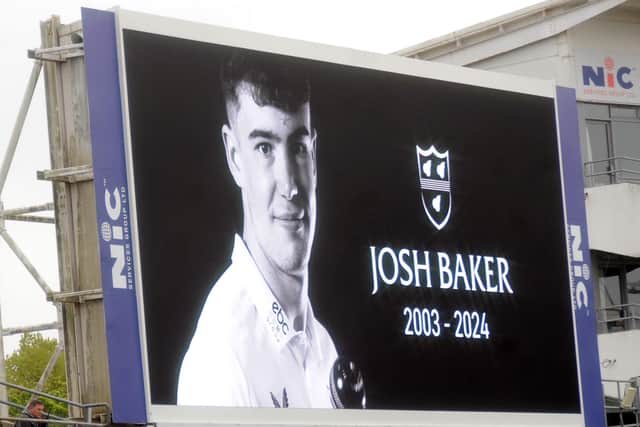 The scoreboard at Headingley pays tribute to Josh Baker, whose death shocked the cricketing world. Picture: Dave Williams cricketphotos.co.uk