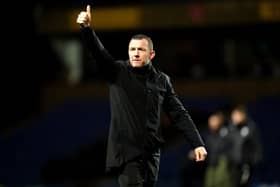 Barnsley manager Neill Collins celebrates after the final whistle of the League One match at Oxford United in midweek. Picture: David Davies/PA Wire.