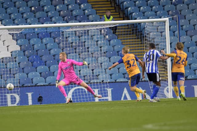 OPENING GOAL: George Lapslie scores what for a long time looked like being the only goal of Mansfield Town's FA Cup trip to Sheffield Wednesday