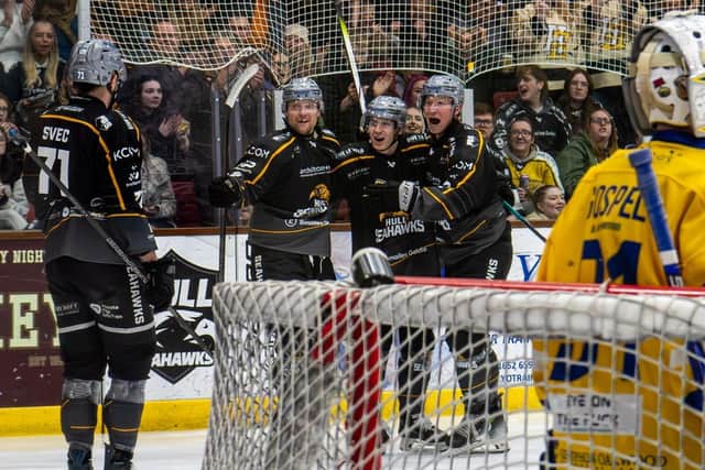 FOR THE TEAM: Jack Musil (second left) celebrates a Hull Seahawks goal during their NIHL National play-off group game in April. Picture: Amy Blossom/Seahawks Media.