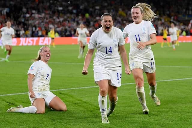 SHEFFIELD, ENGLAND - JULY 26: Fran Kirby of England celebrates with teammates Beth Mead and Lauren Hemp  after scoring their team's fourth goal during the UEFA Women's Euro 2022 Semi Final match between England and Sweden at Bramall Lane on July 26, 2022 in Sheffield, England. (Photo by Shaun Botterill/Getty Images)