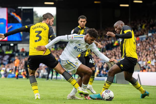 MAIN MAN: Georgino Rutter gets through Francisco Sierralta and Edo Kayembe during Saturday's 3-0 win at Elland Road, a result which gives the hosts 11 points from the last possible 15. Picture: Bruce Rollinson