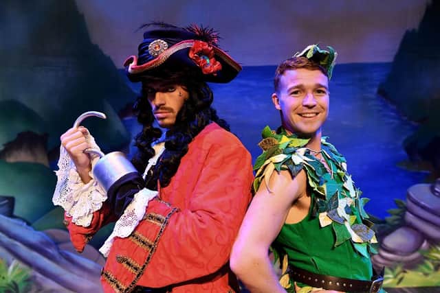 Captain Hook (Kurtis Stacey) and Peter Pan (Ben-Ryan Davies) in Peter Pan at the Forum Theatre. (Pic credit: Frank Reid)