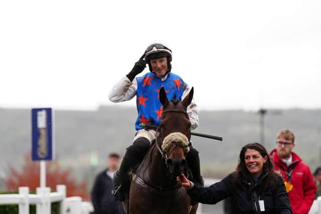 Conor O'Farrell on board Kingofthefrontier after winning the Oddschecker Novices' Hurdle at Cheltenham racecourse.