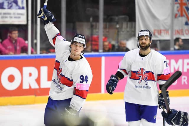 OPENING SALVO: Cade Neilson celebrates scoreing Great Britain's opening goal against Lithuania during their IIHF Ice Hockey World Championships, Division 1 Group A clash in Nottingham. Picture courtesy of Karl Denham/Ice Hoekcy UK