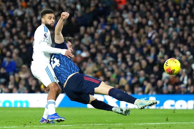 Arsenal's Viktor Gyokeres (right) scores their side's third goal of the game during the Premier League match at Elland Road, Leeds. Picture: Mike Egerton/PA Wire.