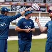 READY FOR ACTION: England's Jonny Bairstow (right) and Harry Brook (centre)  during a nets session at the Riverside Stadium. Picture: Owen Humphreys/PA