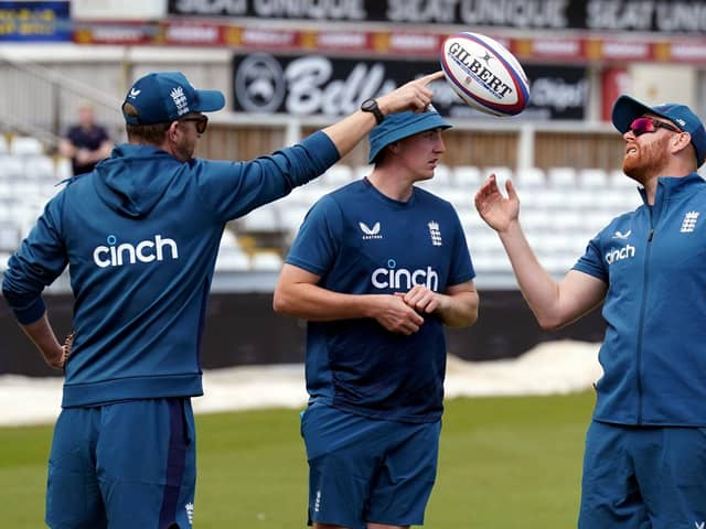 READY FOR ACTION: England's Jonny Bairstow (right) and Harry Brook (centre)  during a nets session at the Riverside Stadium. Picture: Owen Humphreys/PA