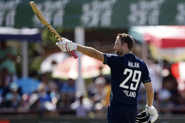 England's Dawid Malan celebrates after scoring a century (100 runs) during the third one day international (ODI) cricket match between South Africa and England at Mangaung Oval in Kimberley on February 1, 2023. (Picture: MARCO LONGARI/AFP via Getty Images)