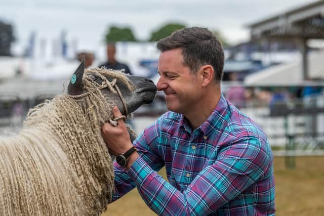 Matt Baker with a Wensleydale Sheep at the Great Yorkshire Show in 2022. Picture: James Hardisty.