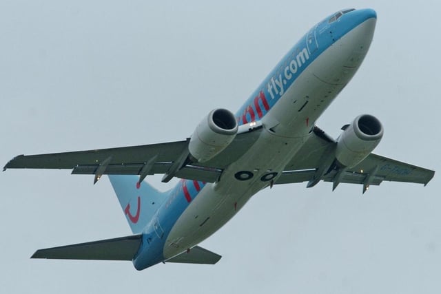 The Thomson fly Boeing 737 is in the air on DSA's first day.